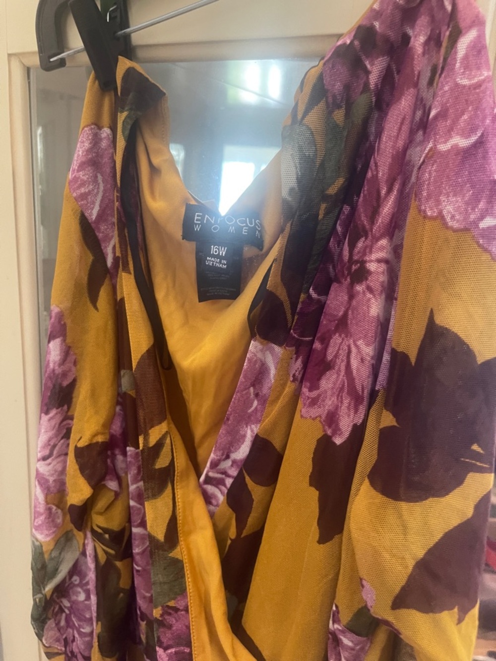 Enfocus Studio Mustard Yellow Floral Wrap Dress with Purple Roses